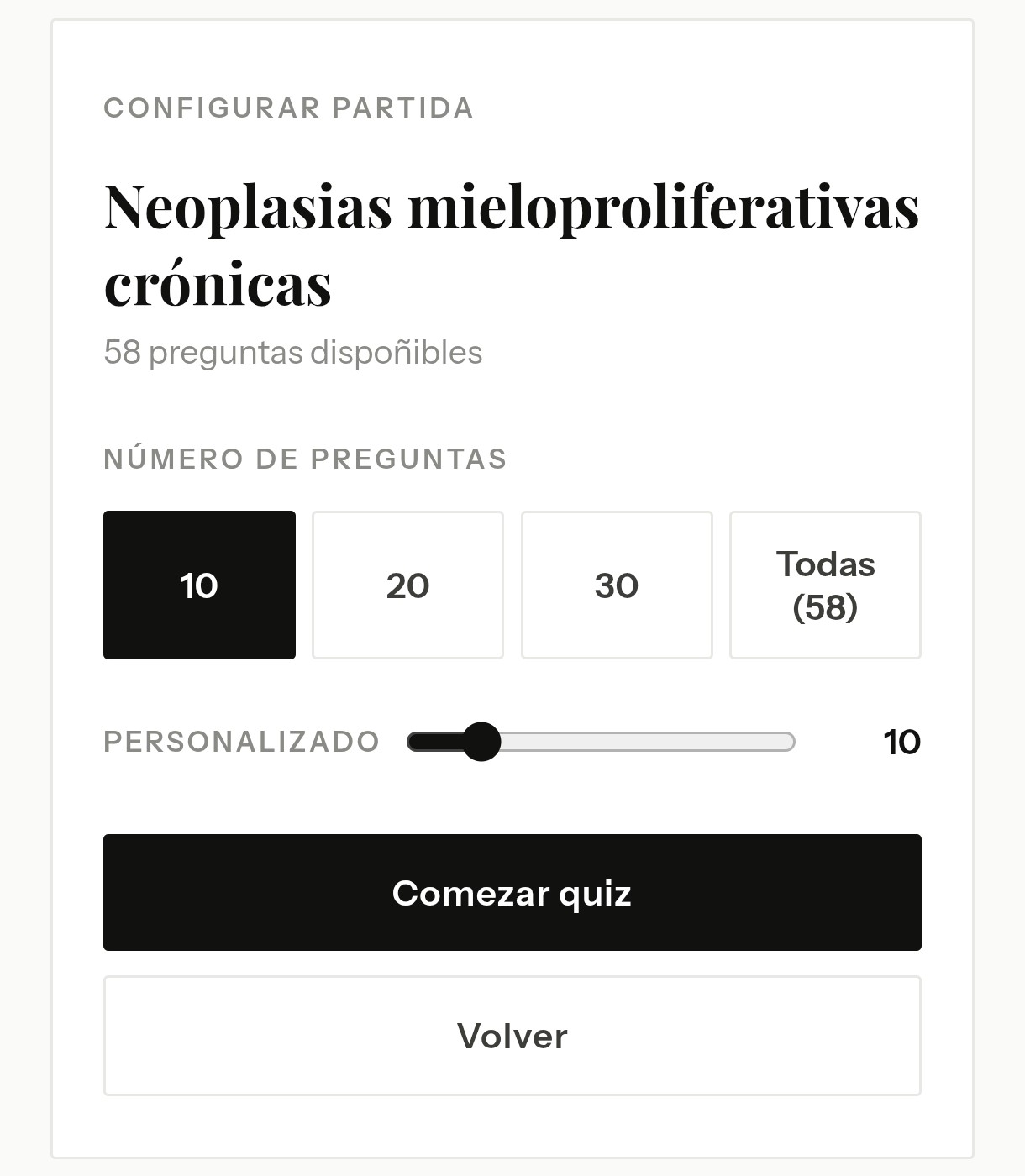 Pantalla de configuración: escolle o número de preguntas
